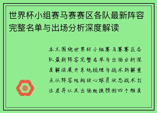 世界杯小组赛马赛赛区各队最新阵容完整名单与出场分析深度解读